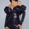 Premium Sequin Ruffle Bardot Mini Dress 1 Premium Sequin Ruffle Bardot Mini Dress -BOW Clothing Shop black premium sequin ruffle bardot mini dress