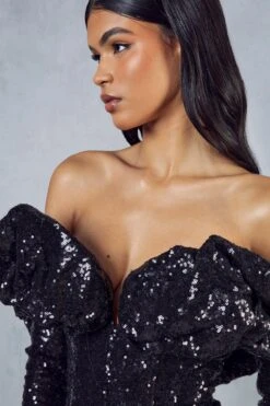 Premium Sequin Ruffle Bardot Mini Dress -BOW Clothing Shop black premium sequin ruffle bardot mini dress 4