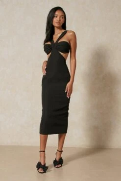 Premium Strap Detail Cut Out Midi Dress -BOW Clothing Shop black premium strap detail cut out midi dress 3