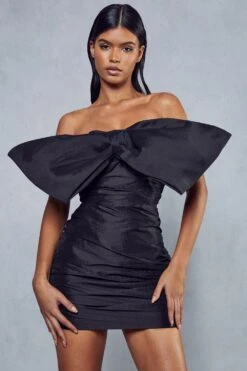 Premium Taffeta Bow Mini Dress -BOW Clothing Shop black premium taffeta bow mini dress 1