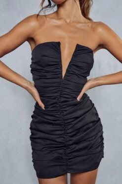 Premium V Bar Ruched Mini Dress -BOW Clothing Shop black premium v bar ruched mini dress 1