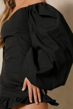 Puff Sleeve Frill Hem Mini Dress -BOW Clothing Shop black puff sleeve frill hem mini dress 1