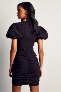 Puff Sleeve Plunge Ruched Mini Dress -BOW Clothing Shop black puff sleeve plunge ruched mini dress 2