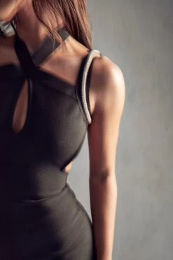 Recycled Bandage Diamante Strap Dress -BOW Clothing Shop black recycled bandage diamante strap dress 4