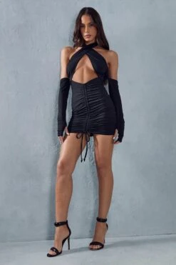 Recycled Halterneck Ruched Front Mini Dress -BOW Clothing Shop black recycled halterneck ruched front mini dress 7