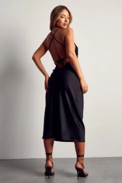 Recycled Satin Cowl Neck Midi Dress -BOW Clothing Shop black recycled satin cowl neck midi dress 2