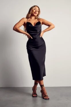 Recycled Satin Cowl Neck Midi Dress -BOW Clothing Shop black recycled satin cowl neck midi dress 3