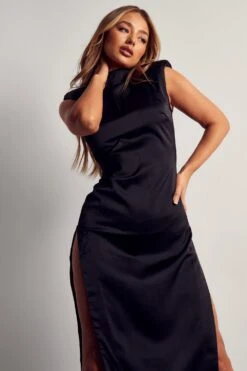Recycled Satin Sleeveless Split Maxi Dress -BOW Clothing Shop black recycled satin sleeveless split maxi dress 4