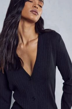 Rib Knit Button Down Midi Dress -BOW Clothing Shop black rib knit button down midi dress 1