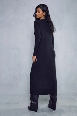 Rib Knit Button Down Midi Dress -BOW Clothing Shop black rib knit button down midi dress 2