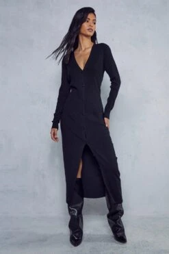 Rib Knit Button Down Midi Dress -BOW Clothing Shop black rib knit button down midi dress 3