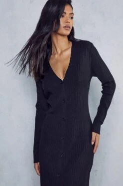 Rib Knit Button Down Midi Dress -BOW Clothing Shop black rib knit button down midi dress 4