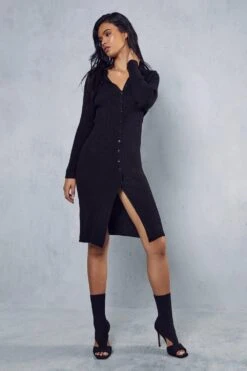 Rib Knit Long Sleeve Dress -BOW Clothing Shop black rib knit long sleeve dress 3