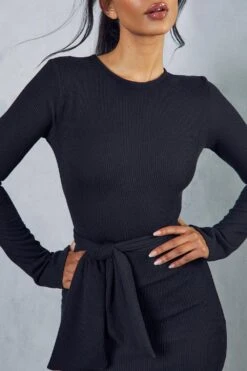 Rib Long Sleeve Tie Waist Mini Dress -BOW Clothing Shop black rib long sleeve tie waist mini dress 1