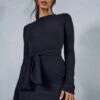 Rib Long Sleeve Tie Waist Mini Dress -BOW Clothing Shop black rib long sleeve tie waist mini dress