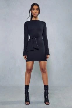 Rib Long Sleeve Tie Waist Mini Dress -BOW Clothing Shop black rib long sleeve tie waist mini dress 3