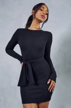 Rib Long Sleeve Tie Waist Mini Dress -BOW Clothing Shop black rib long sleeve tie waist mini dress 4