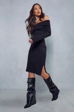 Rib Off The Shoulder Long Sleeve Midi Dress -BOW Clothing Shop black rib off the shoulder long sleeve midi dress 3