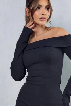 Rib Off The Shoulder Long Sleeve Mini Dress -BOW Clothing Shop black rib off the shoulder long sleeve mini dress 1