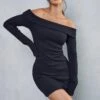 Rib Off The Shoulder Long Sleeve Mini Dress 1 Rib Off The Shoulder Long Sleeve Mini Dress -BOW Clothing Shop black rib off the shoulder long sleeve mini dress