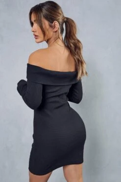 Rib Off The Shoulder Long Sleeve Mini Dress -BOW Clothing Shop black rib off the shoulder long sleeve mini dress 2