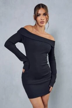 Rib Off The Shoulder Long Sleeve Mini Dress -BOW Clothing Shop black rib off the shoulder long sleeve mini dress 4