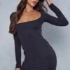 Rib Square Neck Long Sleeve Mini Dress -BOW Clothing Shop black rib square neck long sleeve mini dress