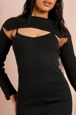 Ribbed High Neck Open Chest Mini Dress -BOW Clothing Shop black ribbed high neck open chest mini dress 3