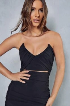 Ruched Poplin Bandeau Mini Dress -BOW Clothing Shop black ruched poplin bandeau mini dress 1