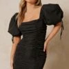 Ruched Puff Sleeve Square Neck Dress -BOW Clothing Shop black ruched puff sleeve square neck dress