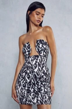 Satin Animal Print V Bar Mini Dress -BOW Clothing Shop black satin animal print v bar mini dress 5