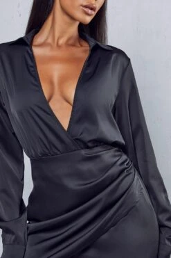 Satin Collared Wrap Mini Dress 8 Satin Collared Wrap Mini Dress -BOW Clothing Shop black satin collared wrap mini dress 1