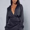 Satin Collared Wrap Mini Dress -BOW Clothing Shop black satin collared wrap mini dress