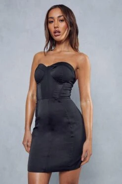 Satin Contrast Panel Bandeau Dress -BOW Clothing Shop black satin contrast panel bandeau dress 4