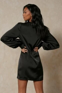 Satin Draped Collarless Shirt Dress -BOW Clothing Shop black satin draped collarless shirt dress 2
