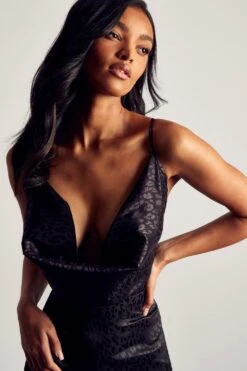 Satin Jacquard Cowl Ruched Midi Dress -BOW Clothing Shop black satin jacquard cowl ruched midi dress 1