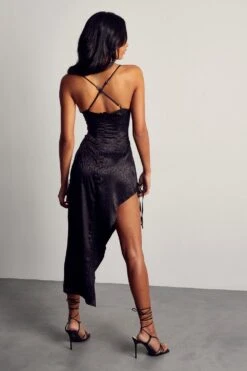 Satin Jacquard Cowl Ruched Midi Dress -BOW Clothing Shop black satin jacquard cowl ruched midi dress 2