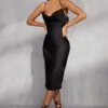Satin Lace Up Back Midi Dress -BOW Clothing Shop black satin lace up back midi dress