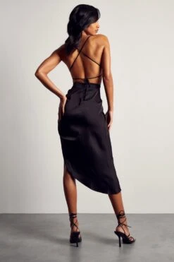 Satin Lace Up Back Ruched Midi Dress -BOW Clothing Shop black satin lace up back ruched midi dress 2