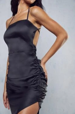 Satin Lace Up Ruched Side Midi Dress 8 Satin Lace Up Ruched Side Midi Dress -BOW Clothing Shop black satin lace up ruched side midi dress 1