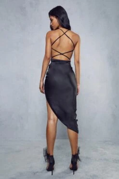 Satin Lace Up Ruched Side Midi Dress 9 Satin Lace Up Ruched Side Midi Dress -BOW Clothing Shop black satin lace up ruched side midi dress 2