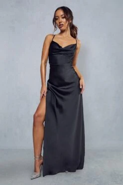 Satin Lace Up Split Leg Maxi Dress -BOW Clothing Shop black satin lace up split leg maxi dress 3