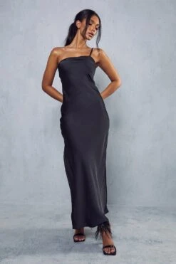 Satin One Shoulder Maxi Dress -BOW Clothing Shop black satin one shoulder maxi dress 3
