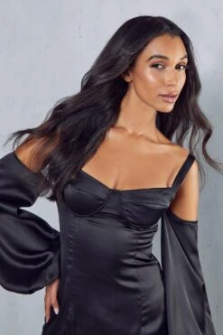 Satin Puff Sleeve Corseted Mini Dress -BOW Clothing Shop black satin puff sleeve corseted mini dress 1