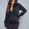Satin Ruched Side Shirt Dress -BOW Clothing Shop black satin ruched side shirt dress