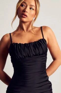 Satin Ruched Side Strappy Dress -BOW Clothing Shop black satin ruched side strappy dress 1