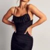 Satin Ruched Side Strappy Dress -BOW Clothing Shop black satin ruched side strappy dress