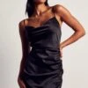 Satin Ruched Side Strappy Slip Dress -BOW Clothing Shop black satin ruched side strappy slip dress
