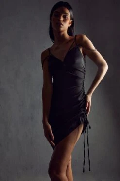 Satin Ruched Strappy Midi Dress -BOW Clothing Shop black satin ruched strappy midi dress 4