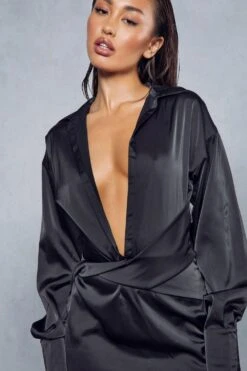 Satin Ruched Twist Front Shirt Dress 9 Satin Ruched Twist Front Shirt Dress -BOW Clothing Shop black satin ruched twist front shirt dress 1